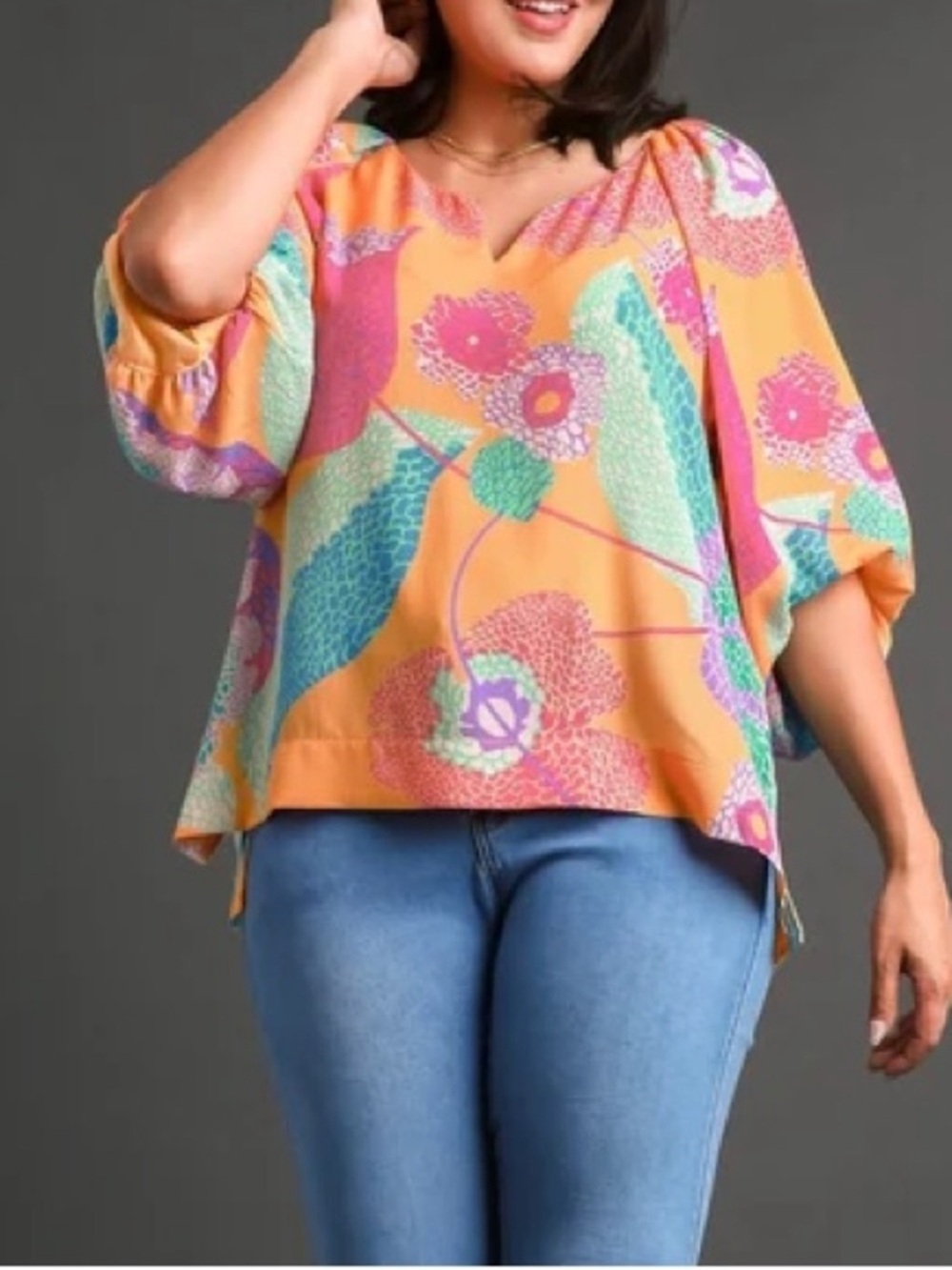 Umgee Orange Floral V Neck Balloon Sleeve High Low Blouse Top Size M